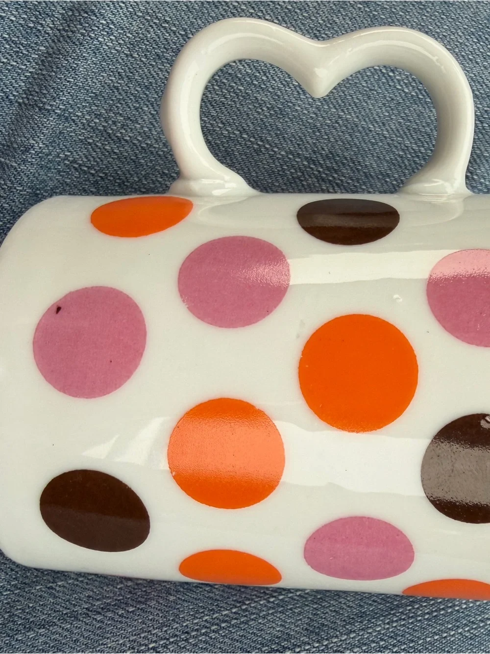Vintage 1970s Westwood Carnival Mug Polka Dot Heart Handle Handcrafted Japan